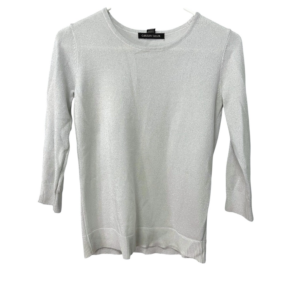 Carolyn Taylor Petite Small Silver Metallic Knit Top 3/4 Sleeve Sparkle Blouse